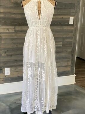 White Embroidered Halter Maxi Dress